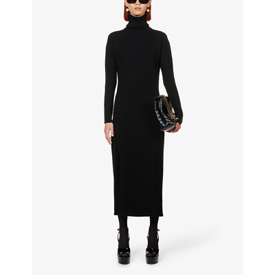 Shop Saint Laurent Women's Noir Turtleneck Side-split Relaxed-fit Cashmere Midi Dress