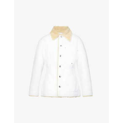 Shop Bottega Veneta Contrast-collar Patch-pocket Denim-shearling Jacket In White Birch