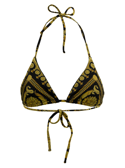 Shop Versace Womans Lycra Baroque Printed Tringle Bikini Top In Yellow