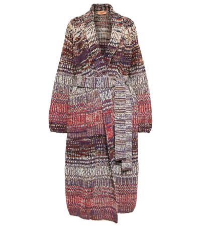 Shop Missoni Knitted Wool And Cotton Coat In Multicolor With Violet