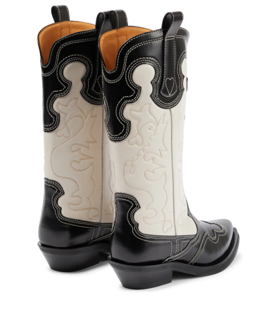 Shop Ganni Leather Cowboy Boots In Black/egret