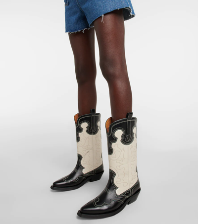 Shop Ganni Leather Cowboy Boots In Black/egret