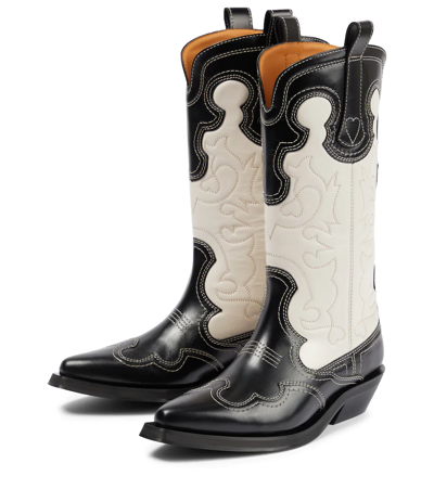 Shop Ganni Leather Cowboy Boots In Black/egret