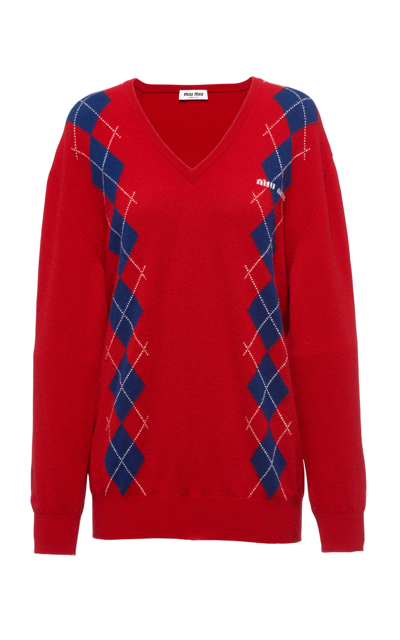 Shop Miu Miu Argyle Cashmere Sweater In Red