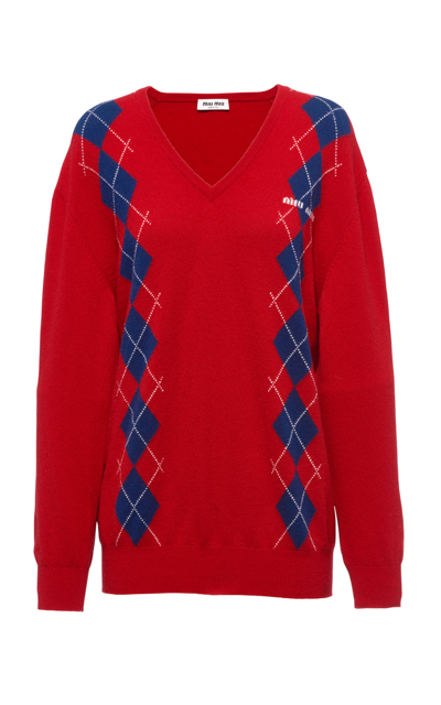 Miu Miu Oversized Argyle V-neck Wool Sweater In Red
