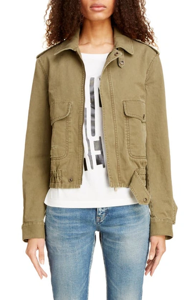 Shop Saint Laurent Cotton Blend Gabardine Aviator Jacket In Khaki Stonewash