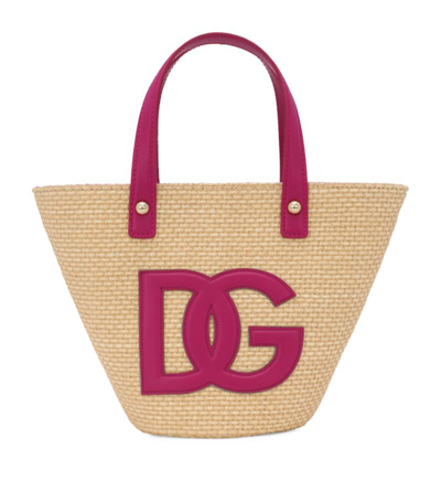 Shop Dolce & Gabbana Kids Leather-raffia Logo Tote Bag In Multi