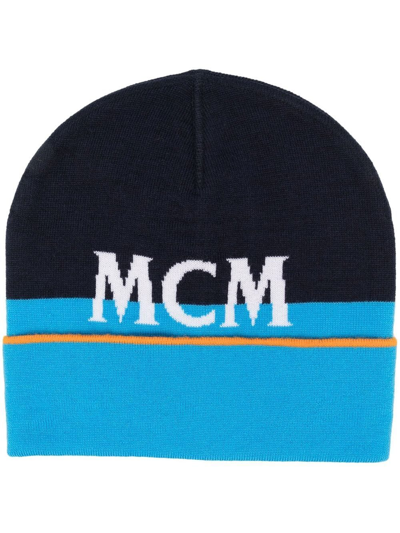 Shop Mcm Formative-knit Merino Wool Beanie In Blue