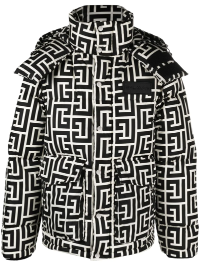Shop Balmain Monogram-pattern Padded Coat In Black