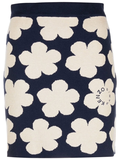 Shop Kenzo Floral Intarsia-knit Skirt In Blau