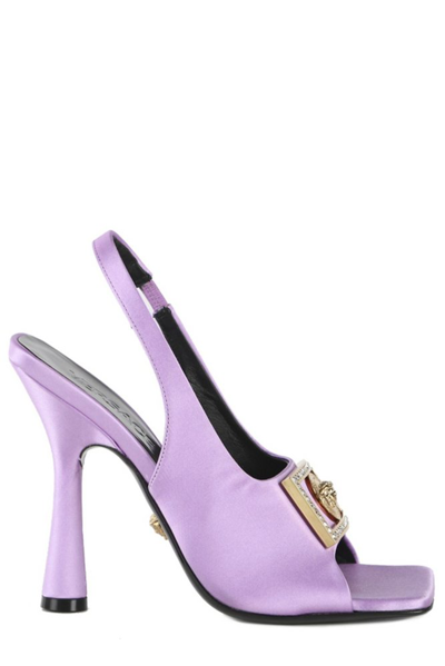 Shop Versace Medusa Plaque Slingback Sandals In Purple