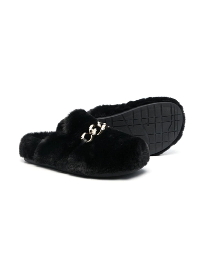 Shop N°21 Chain Detail Furry Slippers In Black