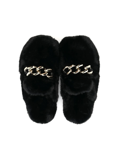 Shop N°21 Chain Detail Furry Slippers In Black