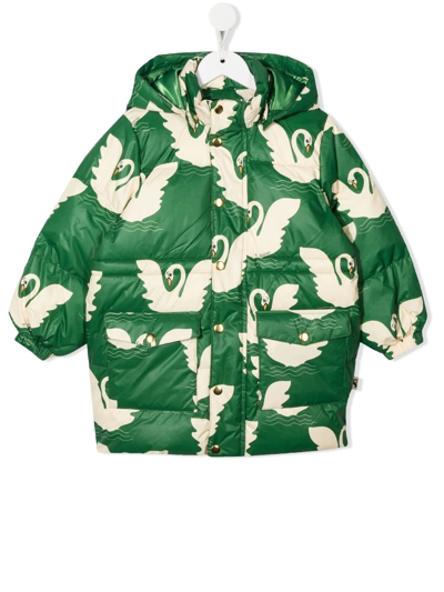 Shop Mini Rodini All-over Swan-print Padded Coat In Green