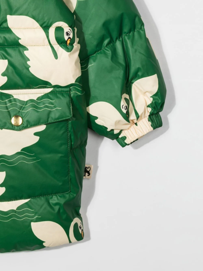 Shop Mini Rodini All-over Swan-print Padded Coat In Green