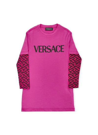 Shop Versace La Greca Dress In Fuxia+nero