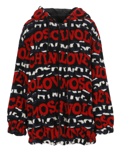 Shop Love Moschino Shearling Effect Jacket With All Over Logo In Multicolor