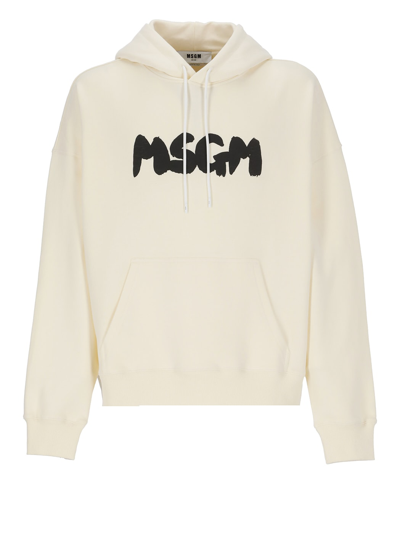 Shop Msgm Loged Hoodie In Ivory