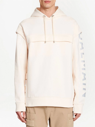 Balmain Cut-out Detail Logo-print Hoodie In White