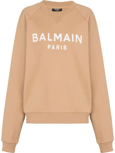 Shop Balmain Logo-print Cotton Sweatshirt In Brown