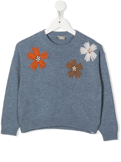Shop Il Gufo Floral-embroidery Wool Jumper In Blue