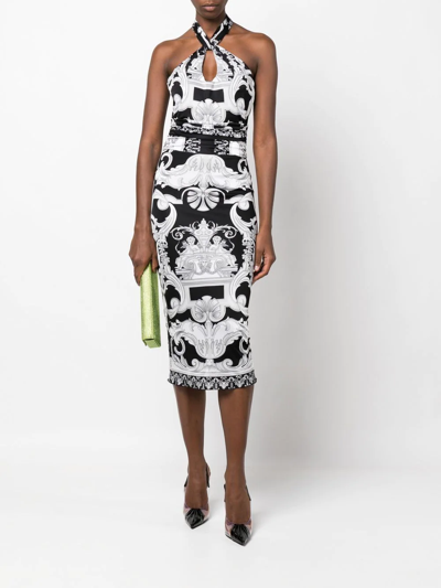 Shop Versace Baroque-print Halterneck Midi Dress In Schwarz