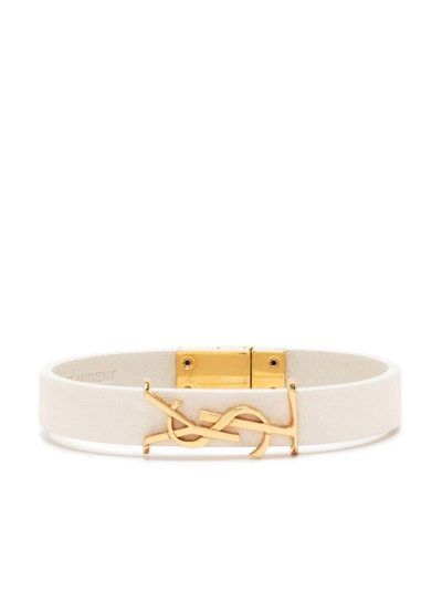Shop Saint Laurent Ysl-plaque Leather Bracelet In Gold