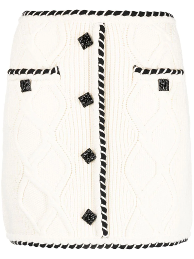 Self-portrait Cable Knit Mini Skirt With Twisted Trimmings In Weiss