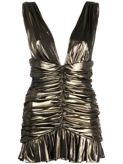 Shop Saint Laurent Ruched Metallic Mini Dress In Gold