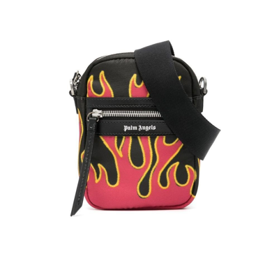 Shop Palm Angels Black Flames Print Cross Body Bag In Red