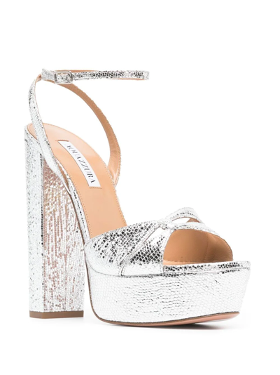 Aquazzura Silver Sinner Plateau 140 Mock Croc Leather Sandals In Silber