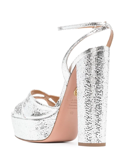Aquazzura Silver Sinner Plateau 140 Mock Croc Leather Sandals In Silber