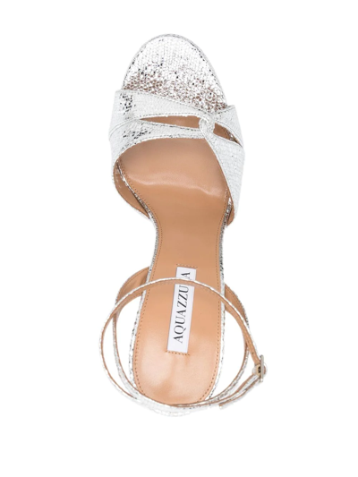 Aquazzura Silver Sinner Plateau 140 Mock Croc Leather Sandals In Silber