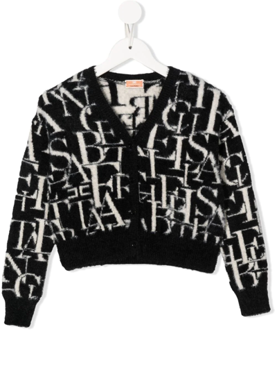 Shop Elisabetta Franchi La Mia Bambina Logo-knit Brushed-effect Cardigan In Schwarz