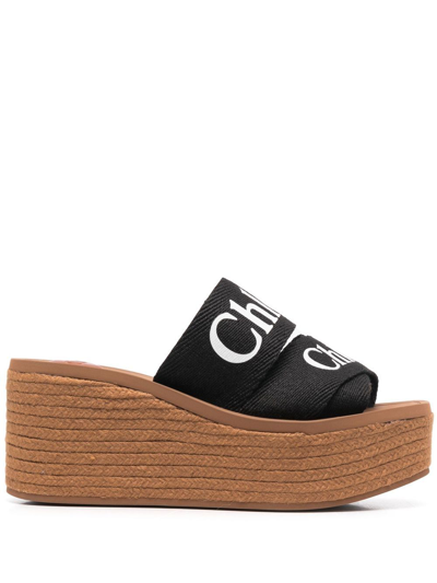 Shop Chloé Woody Canvas Wedge Mules