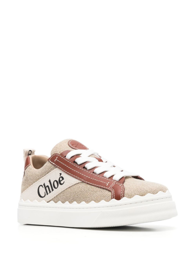 Shop Chloé Lauren Leather And Canvas Sneakers In Beige