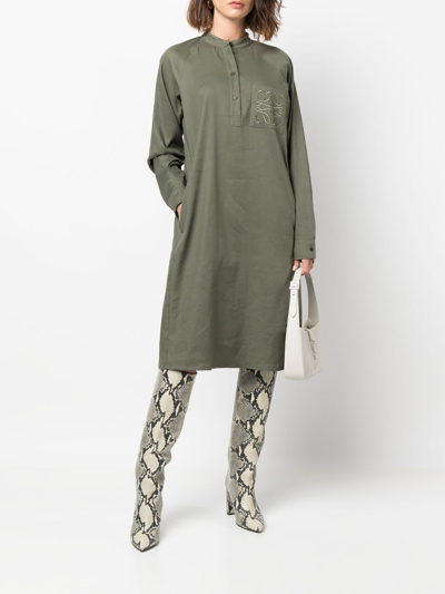 Shop Loewe Anagram Linen Blend Silk Tunic Dress In Green