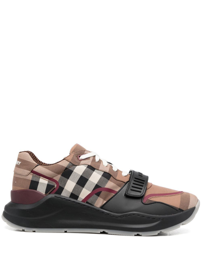 Shop Burberry Check Motif Cotton Sneakers In Brown