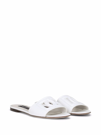 Shop Dolce & Gabbana Leather Logo Flat Sandals In White