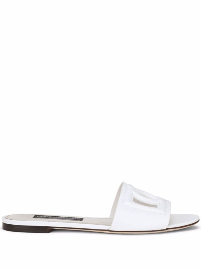 Shop Dolce & Gabbana Leather Logo Flat Sandals In White