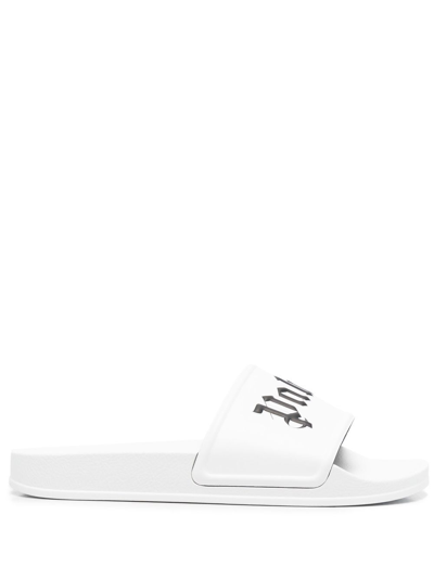 Shop Palm Angels Logo Pool Sliders In White