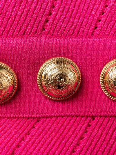 Shop Balmain High Collar Gold Buttons Short Dress In Violet