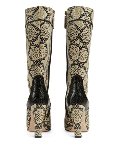 Shop Gucci Snake Print Leather Boots In Beige