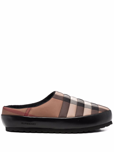 Shop Burberry Check Motif Slippers In Brown