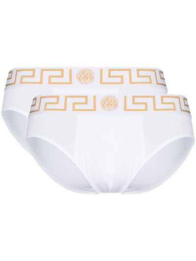 Shop Versace Greca Print Briefs Set In White