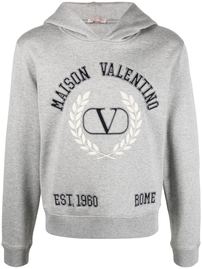 Shop Valentino Logo Cotton Hoodie In Grey