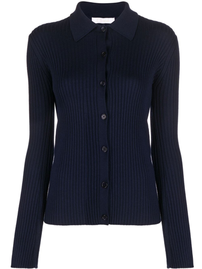 Shop Chloé Long Sleeve Wool Polo Shirt In Blue