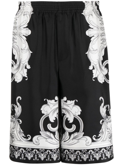 Shop Versace Barocco Print Silk Shorts In Black