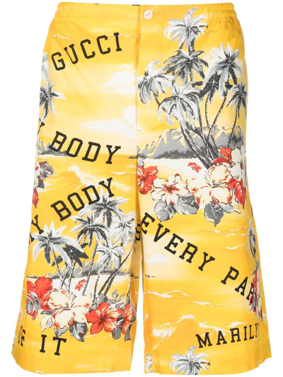 Shop Gucci Palm Print Cotton Shorts In Yellow