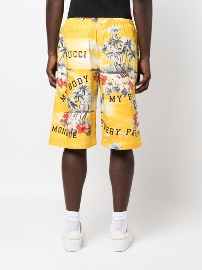 Shop Gucci Palm Print Cotton Shorts In Yellow